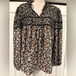 Ava James black floral semi sheer blouse top M new